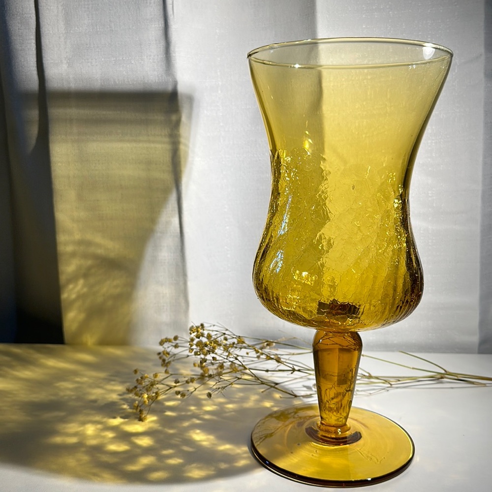 Vintage Mid Century Modern Blown Crackle Glass Bell Footed Vase W/Pontil Mark